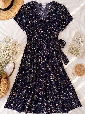 Kaileigh Navy tan Abstract Print Faux Wrap Dress Size Large